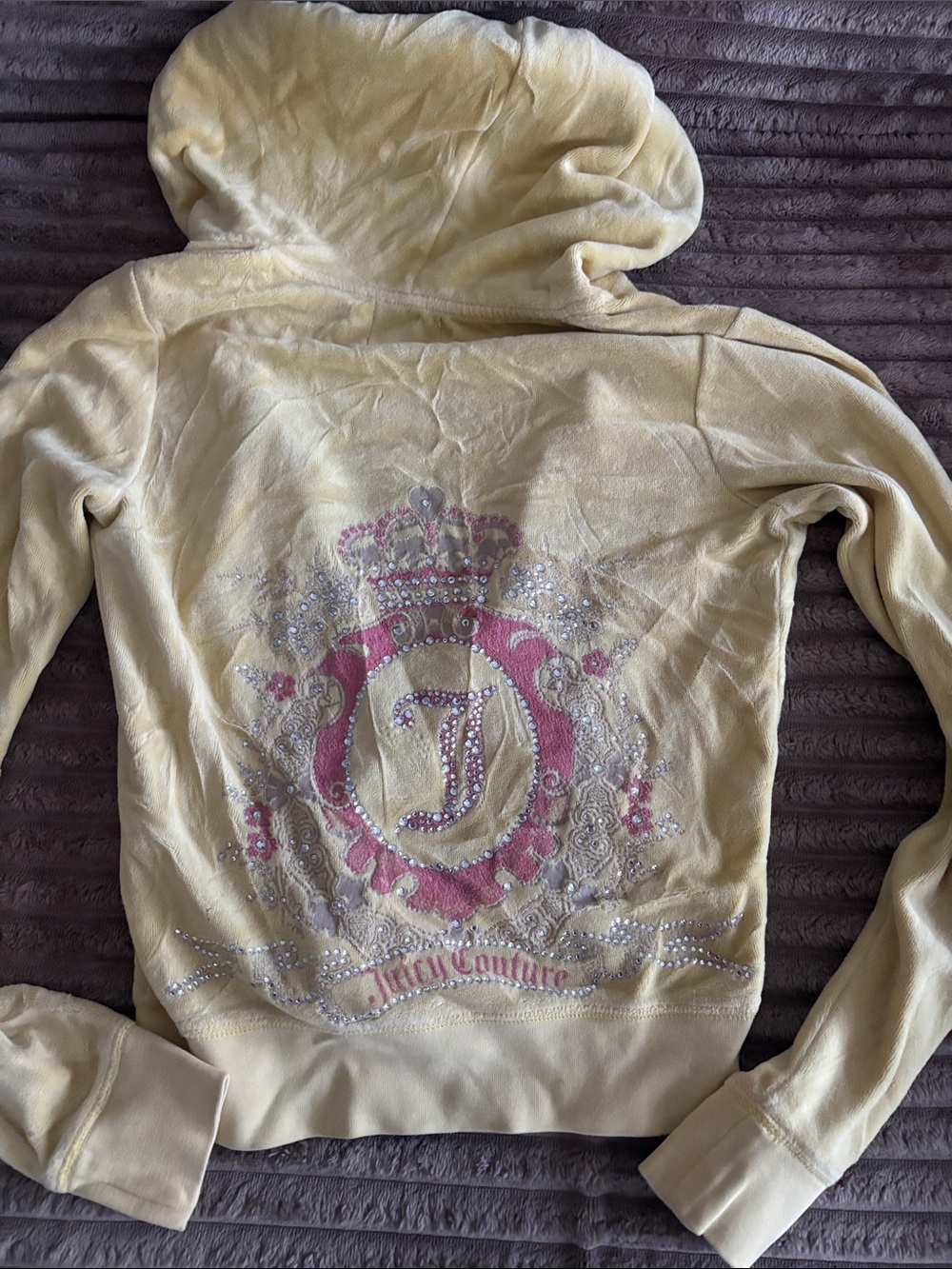 Juicy Couture Pale Yellow Velour Hoodie with Pink Crest